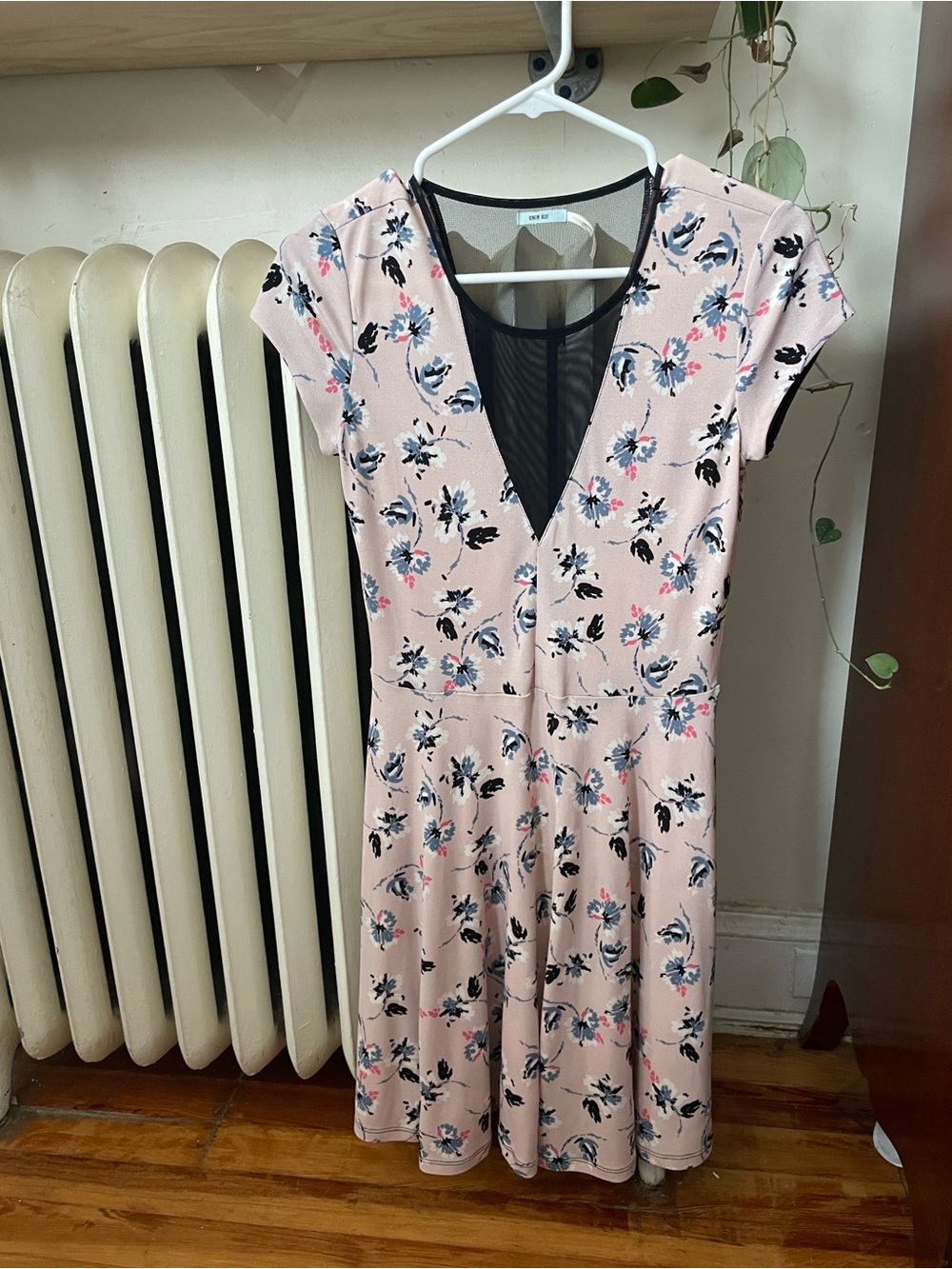 Kimchi Blue Pink Floral V-Neck Dress with Black Mesh